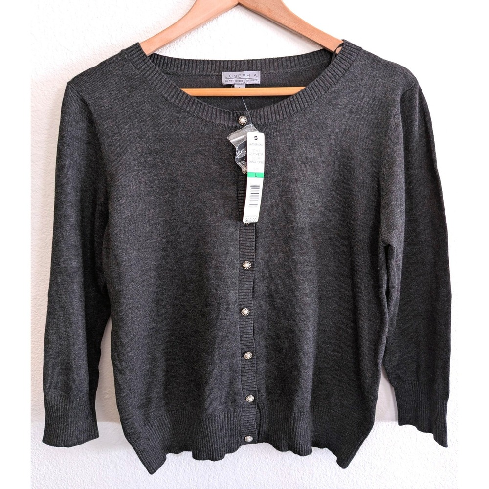 Joseph A NWT Charcoal Heather Cardigan Sweater L Pearl Button 3/4 Sleeve
